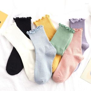Damensocken, 1 Paar, mit Rüschen, Rüschen, lustig, niedlich, Kawaii, rein, bunt, gestreift, weiß, blau, gelb, japanische Socken für Geschenke