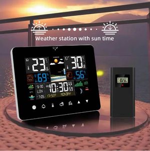 Fanju Alarm 클럭 디지털 시간 일출/일몰 전자 온도계 날씨 예측 무선 센서 벽 테이블 시계 홈