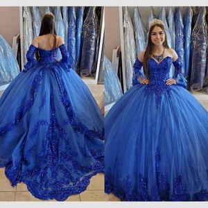 Königsblaue Prinzessin-Quinceanera-Kleider, Spitzenapplikationen, Perlen, herzförmige Sweet-16-Abschlussballkleider