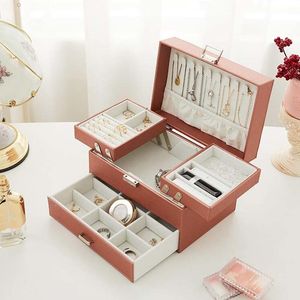 Jewelry Boxes Threelayer Jewelry Organize Box Large Portable Earrings Rings Storage Case PU Necklace Display Gift For Girls Jewelers Joyero 230215