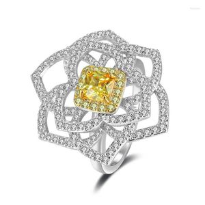 Cluster Rings Hyperbole Rings-For-Women S925 Sterling Fine Jewelry Rose Flower Luxury Cubic Zirconia Big Ring Wedding Bijoux Femme