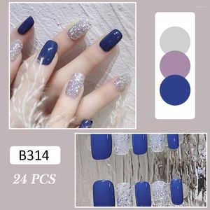 Künstliche Nägel, hochwertig, glänzend, blau, glitzernd, Kunstdesign, kurz, vollständig bedeckende Fingernägel, fertiges künstliches Stück