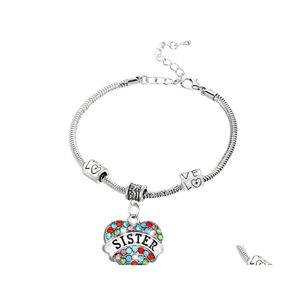 Charm Bracelets Double Nose Fashion Family Jewelry Heart Shape In Rhinestone Sole Sister For Gift Drop Delivery Dhjae