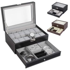 Watch Boxes Cases 2Tier 12 Slots Watch Box Storage Men Women PU Leather Watch Organizer Jewelry Display Case Organizer with Jewelry Drawer Gift 230214