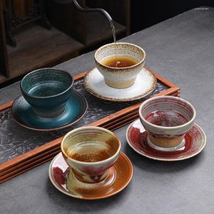 Tazze Piattini Ceramica grossolana Tazza da caffè espresso e piattino Set Lusso giapponese Retro Pittura Smalto Grande Tè Creativo fatto a mano Acqua