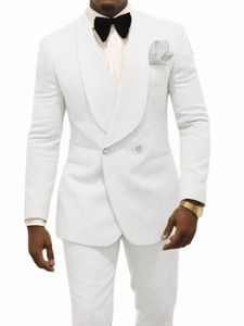 Men's Suits Blazers Custom Made Groomsmen White Pattern Groom Tuxedos Shawl Lapel Suits 2PCS Wedding Man JacketPants Costume Homme 230215