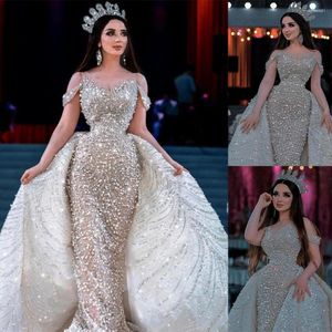 Vestido de noiva Arábia Saudita Pérolas Mermaid Ofim de manga curta de luxo de luxo laca apliques Crystal de vestidos de noiva