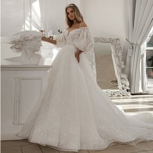 Abiti da festa Principessa con applicazioni in pizzo da sposa con maniche a sbuffo, abito da ballo, strascico di corte, tulle, abiti da sposa vintage da spiaggia 230214