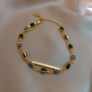 Link Bracelets Chain Trendy Double Layer Green Oval Bead Charm Bracelet For Women Girl 2023 Korean Fashion Party Jewelry Gift Sl559Link