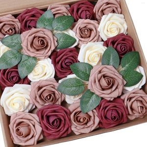 Decorative Flowers D-Seven 25pcs Artificial Flower Cream/Dusty Rose/Burgundy Rose With Stem For DIY Wedding Bouquet Arch Decor Floral