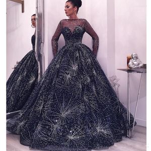 Party Dresses Navy Evening Fashion Bateau Neck Long Sleeve Fluffy Prom Dress 2023 Luxury Dubai Saudi Arabia Celebrity Red Carpet