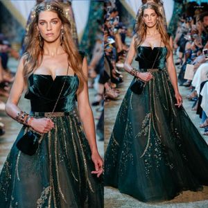 Party Dresses Dark Green Velvet Prom Square Neck A Line Beaded Appliques Evening Gowns Custom Made Designer Formal