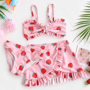 Cute Childrens Swimsuit Strawberry Dwuczęściowe drukowane dziewczęta bikini koronkowe plisowane