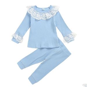 Giyim Setleri Pamuk Toddler Bebek Kız Kıyafet Takım Kıyafetleri Sonbahar Kış Dantel Fırfır Uzun Kollu Üst Tshirt 2pcs Çocuk Terzi DHAV5