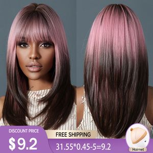 Synthetic Wigs Pink Purple to Black Ombre Straight Medium Length for Women with Bang Daily Cosplay Party Heat Resistant Hair Wig 230214