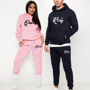 Herrspårar Lover Tracksuit King Queen Print Par Hoodie and PantsSweatshirt Men's Women's Everyday Casual Sports Jogging Set Sportswear 230215