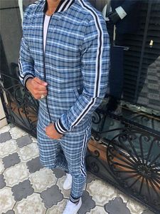 Herrspårar Men '3D Plaid Sports Gentlemen Sets Jacket Män Set Tracksuit Street Fashi Trend Fashion Stand-Up Collar Zipper Sportswear Suit 230215