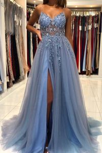 Sexig A-Line Graduation Evening Dress Straps V Neck Beads spetsar Dark Blue Tulle Long Prom Formal Gowns Robe de Soiree 2023 Vestidos Feast