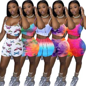 Women Tie Dye Tracksuits Sexy Two Piece Set Designer Print Sling Tops Shorts Outfits Club Casual Sleeveless Vest Tight Trouser Colthing