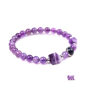 Charm Bracelets 8Mm Natural Stone Beaded Strand Bracelet Amethyst Crystal Pyramid Charms Chakra Yoga Jewelry For Women Men Drop Deliv Dhijm