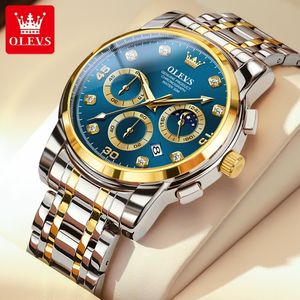 Wristwatches OLEVS Original Men Watch Quartz Chronograph Moon phase Date Luminous Waterproof Luxury Business Wristwatch Quartz Watch for Men 230215