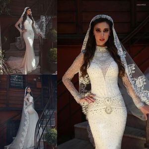 Wedding Dress Luxury Handmade Beading Mermaid Dresses High Collar Long Sleeve Crystal Beads Bridal Gowns Lace Sweep Train