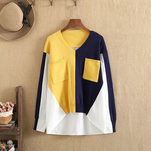 Women's Plus Size T-Shirt Plus Size T Shirts O-Neck Front Knitted Cotton Color Splicing Back Cotton Fabric Long Sleeves Large Summer Clothing Fatlady Tops 230215