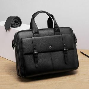 Briefcases Bison Denim 2023 Briefase Business Men's Bag Genuine Leather Men Casual Shoulder 14 Inch Laptop Handbag