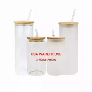 미국 현지 재고 대나무 뚜껑이 있는 16온스 승화 유리 블랭크 서리로 덥은 맥주는 플라스틱 빨대가 있는 텀블러 메이슨 항아리 컵 머그잔을 붕규화할 수 있습니다.