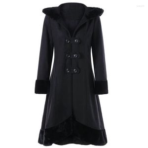 Women's Wool & Blends Black Long Coat Chic Women Winter Imitated Fur Bandage Patchwork Hooded Loose Overcoat Party Festival N163Women's Wome