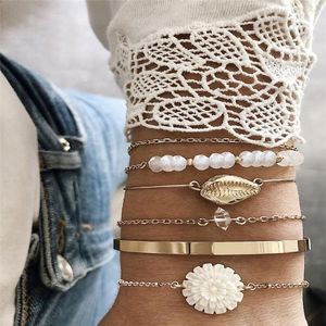 Bangle Vintage Gold Color Crystal Stone Beads Flower Shell Bracelets For Women Boho Multiple Layers Bracelet Set Jewelry Gift