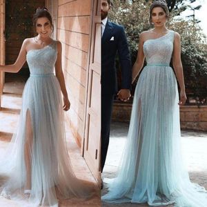 Party Dresses Sparkly Prom Long 2023 Sequin Tulle Light Blue Gown One Shoulder Sexy Slit Formal Evening Robes De Cocktail