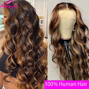 Lace Perücken FG 4 27 Brasilianisch Highlight Body Wavy t Teil menschliches Haarwelle 13x1 Transparente Perücke vorgezogen für Frauen 230214