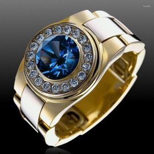 Bröllopsringar Fashion Men's Signet Ring Male Luxury Big Round Blue Crystal Zircon Engagement Promise Eviga smycken