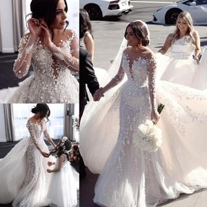 Plus Size Mermaid Wedding Dress with Detachable Train, Sheer Neck Long Sleeve Bridal Gown with 3D Floral Applique