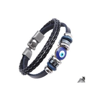 Charm Bracelets Genuine Leather For Men Vintage Blue Eye Jewelry Handwoven Bracelet Drop Delivery Dhb8I