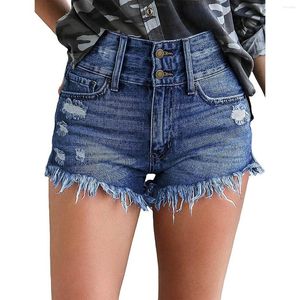 Damen Shorts Frauen Quaste Denim Sommer Mode Doppelknopf Hohe Taille Zerrissene Jeans Frau Vintage Dunkelblau Mini Kurz