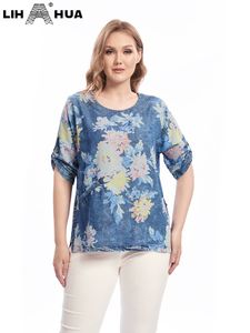 Kvinnors plus-storlek t-shirt lih hua kvinnors plus size denim t-shirt bomull vävt tryck t-shirt kort hylsa fickbesättning nacke casual topp 230215