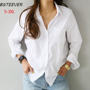 여성용 블라우스 셔츠 S3XL 스프링 1 개의 주머니 흰색 블라우스 여성 셔츠 탑 긴 소매 캐주얼 턴 다운 칼라 스타일 느슨한 230214