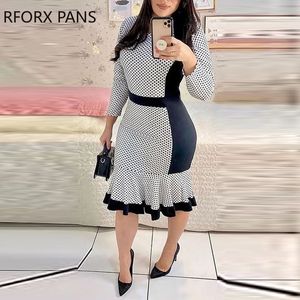 Casual Dresses Women Elegant Chic Polka Dot Patchwork Round Neck Wrist Mermaid Bodycon Midi Working Dress 230215