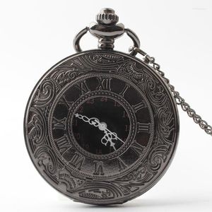 Pocket Watches Antique Black Roman Numbers Quartz Watch Carving Engraved Fob Clock Men Women Gift With Necklace #011001