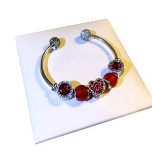 Bracciale rigido con polsino da sposa con ciondolo a forma di cuore rosso per Pandora, gioielli in argento sterling 925 per le donne, braccialetti di fidanzamento regalo fidanzata con scatola originale