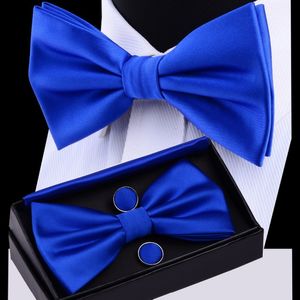 Gravatas borboleta RBOCOTT Mens Bow Tie Set Sólido Double Dobre Bow Ties Impermeável Liso Azul Bowtie Hanky Abotoaduras Caixa de Presente para Homens Presente de Casamento 230215
