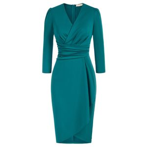 Casual Dresses Belle Poque Women Vintage Ruched Dress 34 Sleeve Surplice V-Neck Wrap Bodycon Dress Solid Vintage Party Cocktail Dresses A30 230215