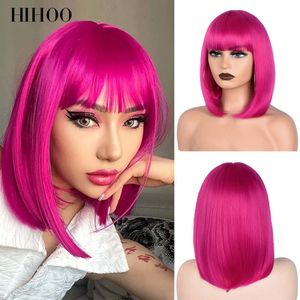 Synthetic Wigs Short Straight Bob for Women Brown to Blonde Ombre Natural Fake Hair Heatresistant Pink With Bangs 230214