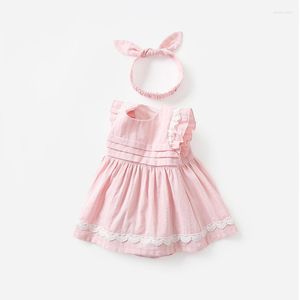 Abiti da ragazza Pagliaccetto per bambini Vestito con fascia per capelli 2023 Moda estiva Manica svolazzante Dolce rosa Tuta Tutina Neonato Abbigliamento per bambini