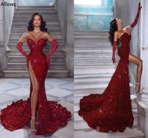 Dubai Arabic Red Sequined Glitter Evening Dresses Sexig ￤lskling Kvinnor Special Tillf￤lle Partykl￤nningar H￶g sida Split L￥ngt t￥g Plus -storlek Evening Formal Wear CL1840