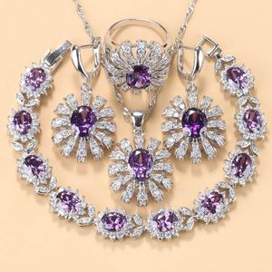 Halskette Ohrringe Set Sonnenblume Hochzeitskostüm Großes Armband Ring lila natürliche Kristall Damen Schmucksets mit