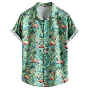 Men's Casual Shirts Summer Short Sleeve Hawaiian Shirt Men 2023 Fashion Green Flamingo Print Tropical Beach Aloha Party Vacation Clothing