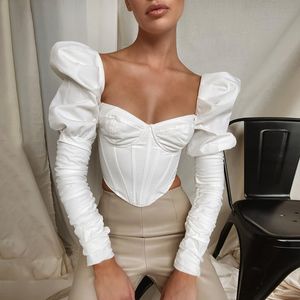 Women's TShirt Yimunancy Puff Sleeve Crop Top Women Long Bustier Autumn Ladies Blackwhite Elegant Streetwear 230214